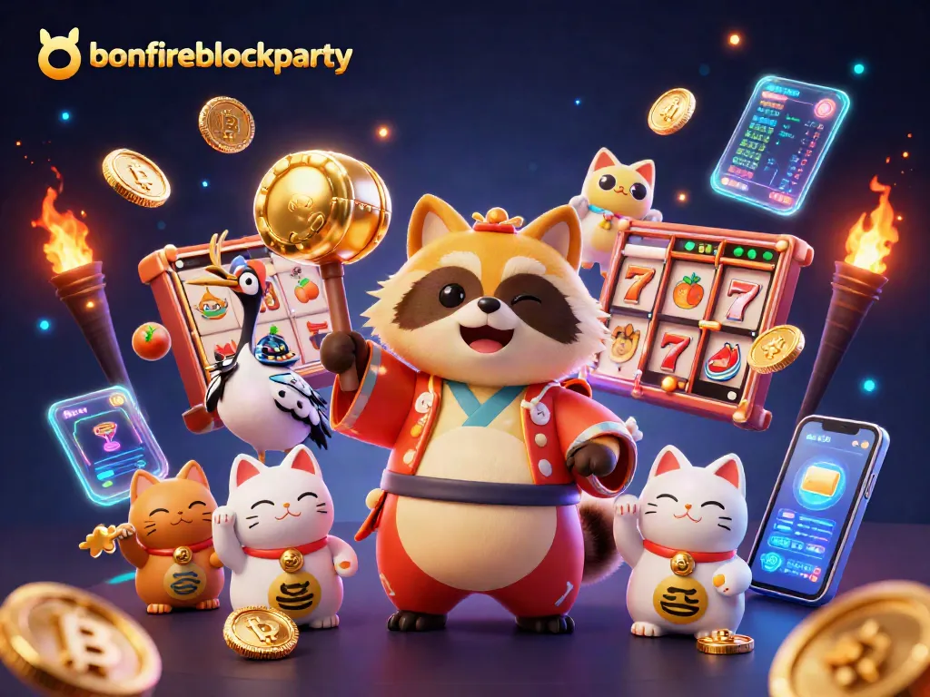 Join the excitement of the bonfireblockparty with dynamic casino game symbols and festive characters.
