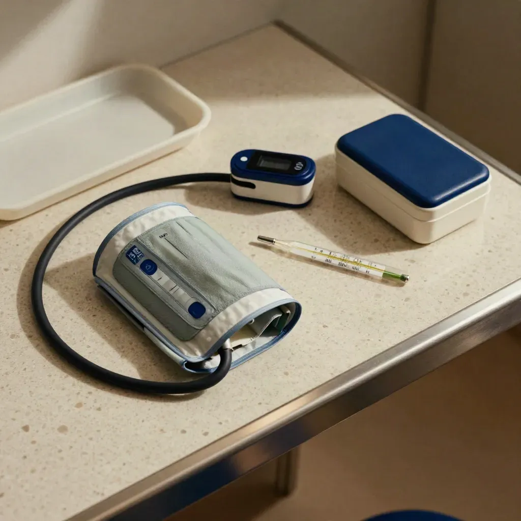 Kit de revisión preventiva con pulsioxímetro, termómetro y manguito sobre piedra clínica