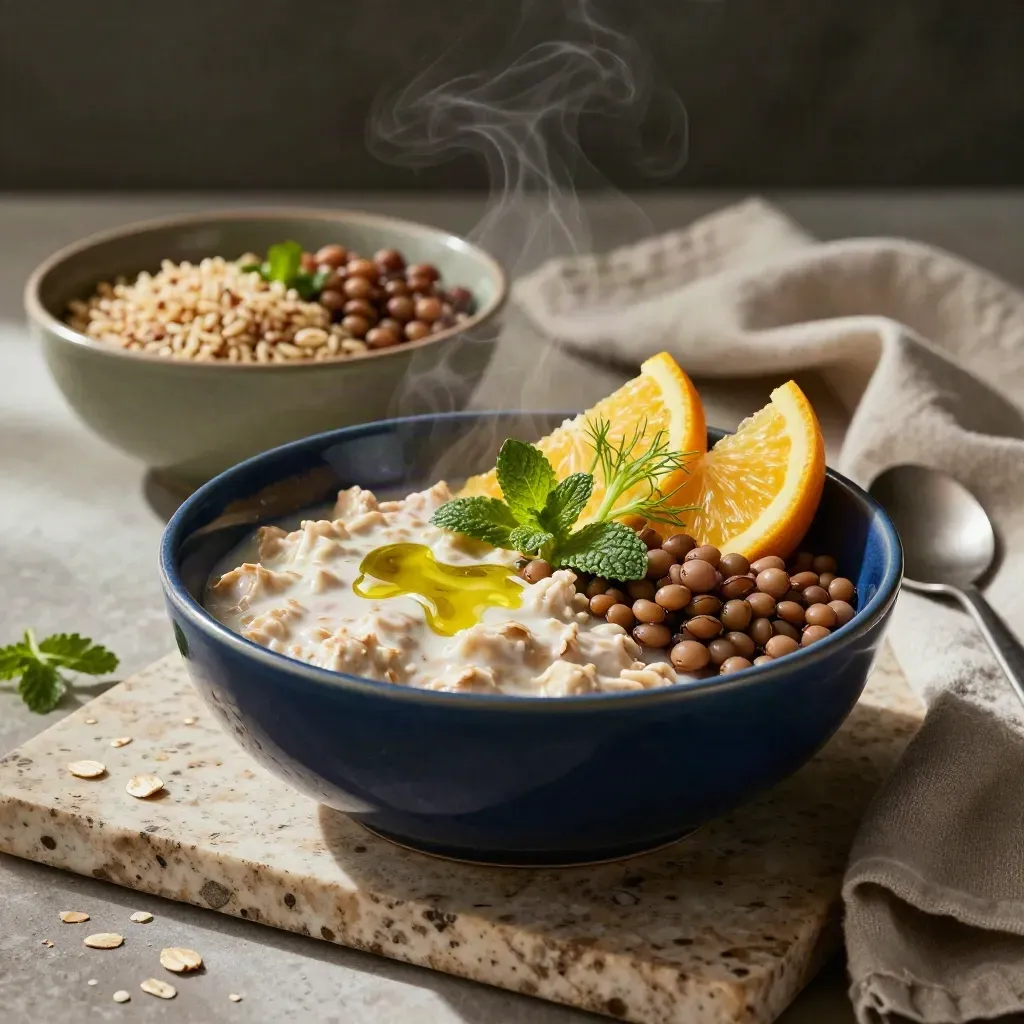 Cuencos de avena, legumbres, cítricos y hierbas sobre piedra, con vapor suave.