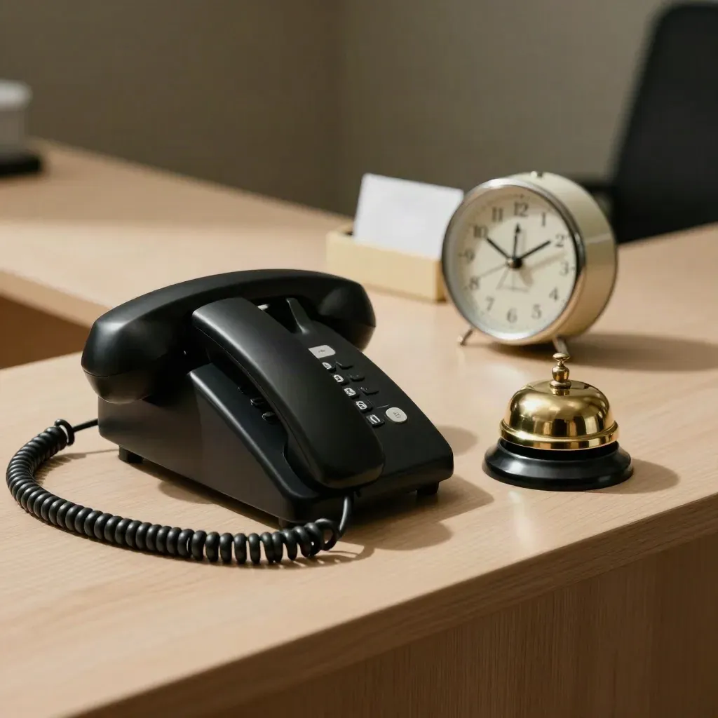 Teléfono negro, timbre de mostrador y reloj de mesa sobre madera clara en recepción.