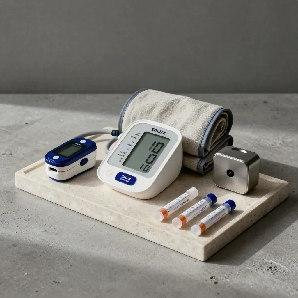 Kit de seguimiento médico con tensiómetro, oxímetro, temporizador y tubos sellados.