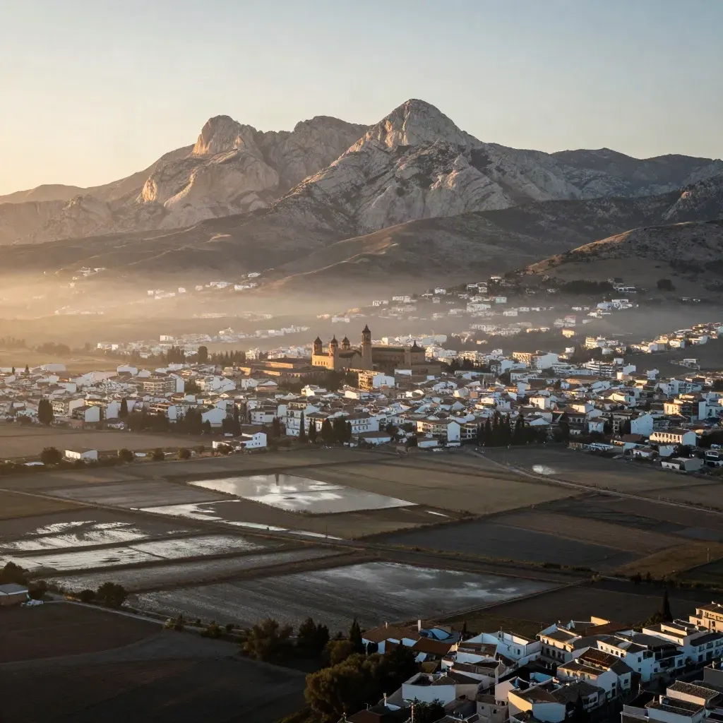 Vista aérea de Sierra Nevada sobre Armilla y Maracena con campos mojados al atardecer.